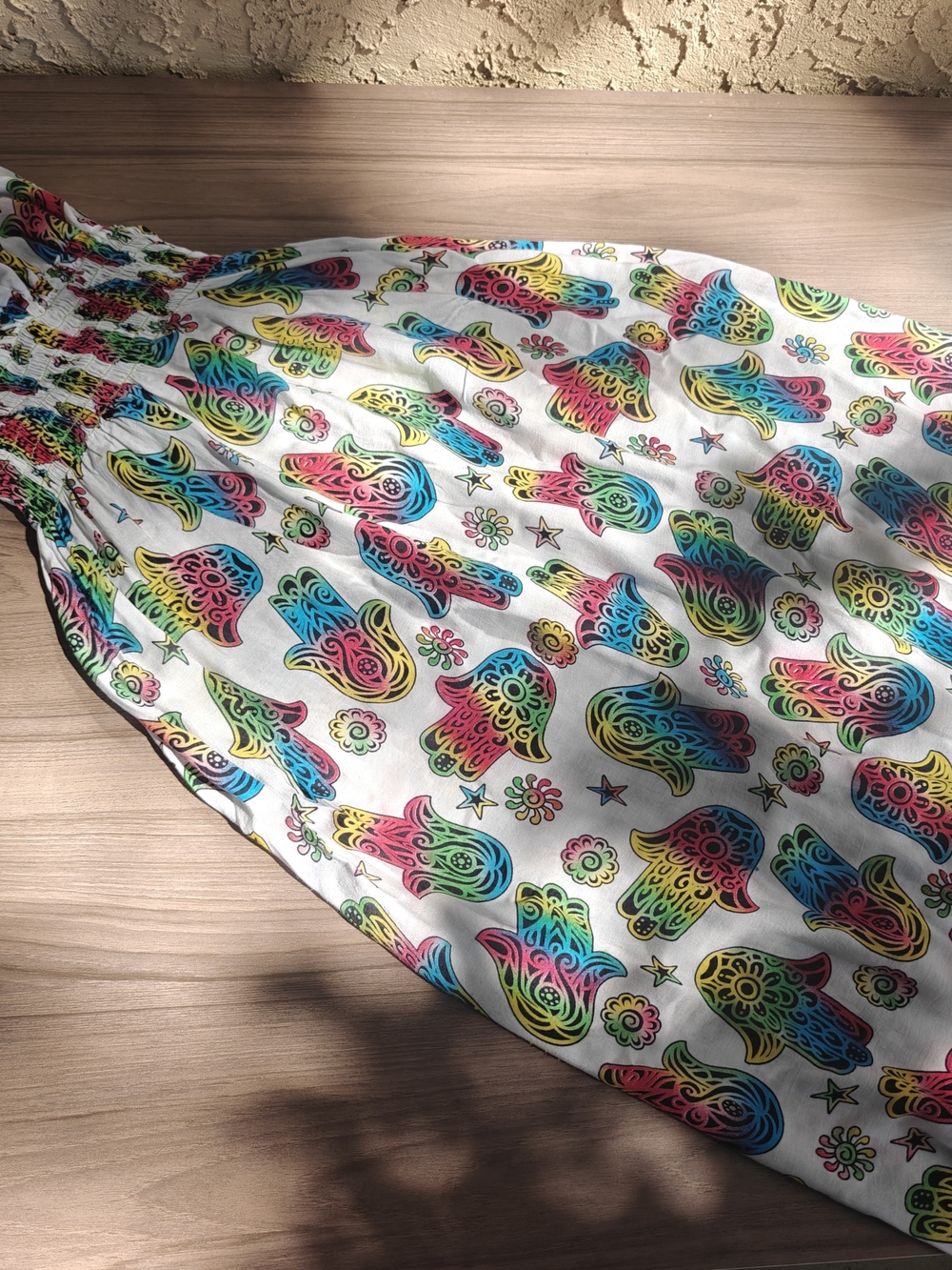 100% Rayon Multicolor Hamsa Print Summer Dress - White